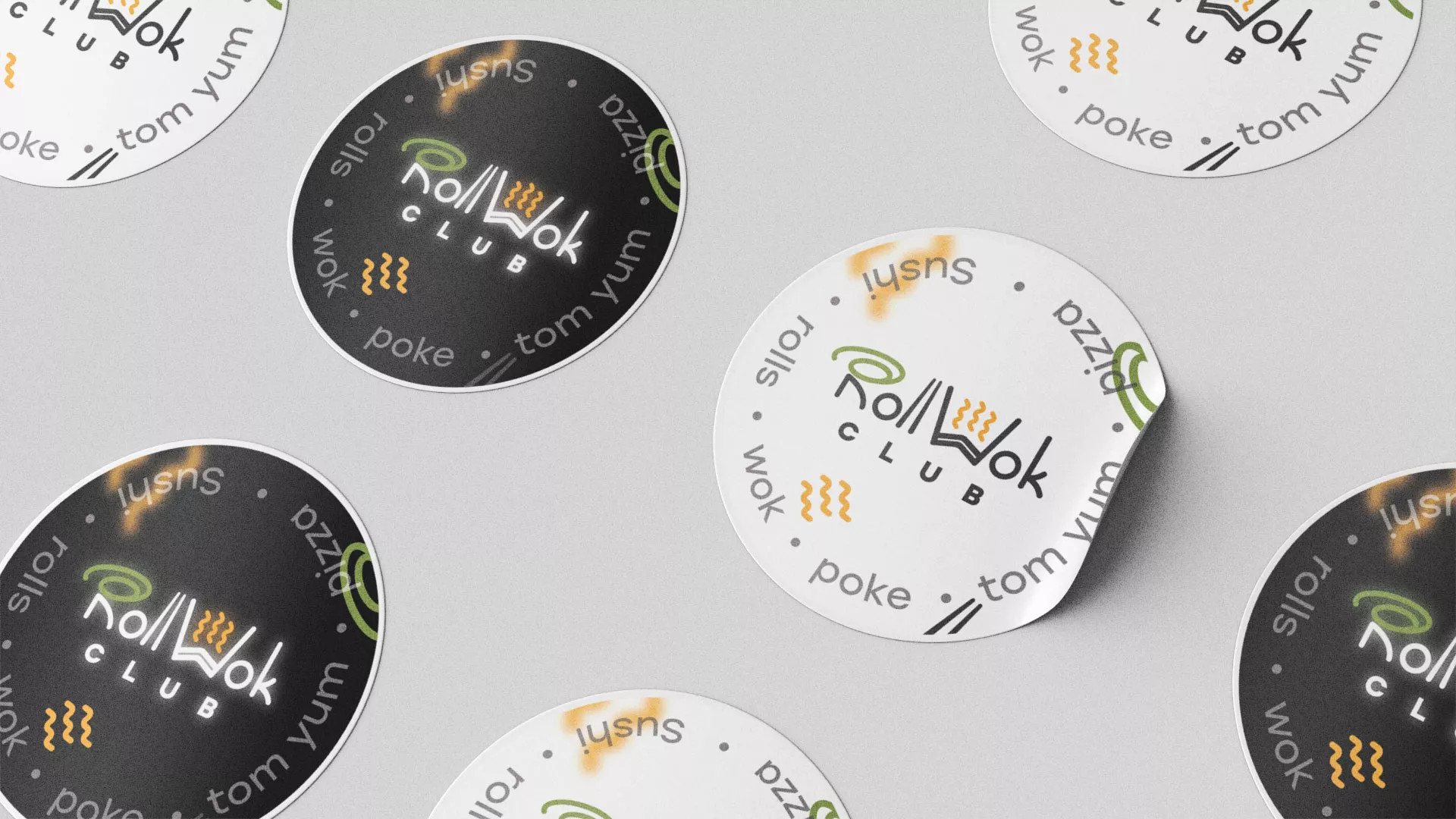 Разработка наклеек для суши-бара «Roll Wok Club» в Шахтёрске